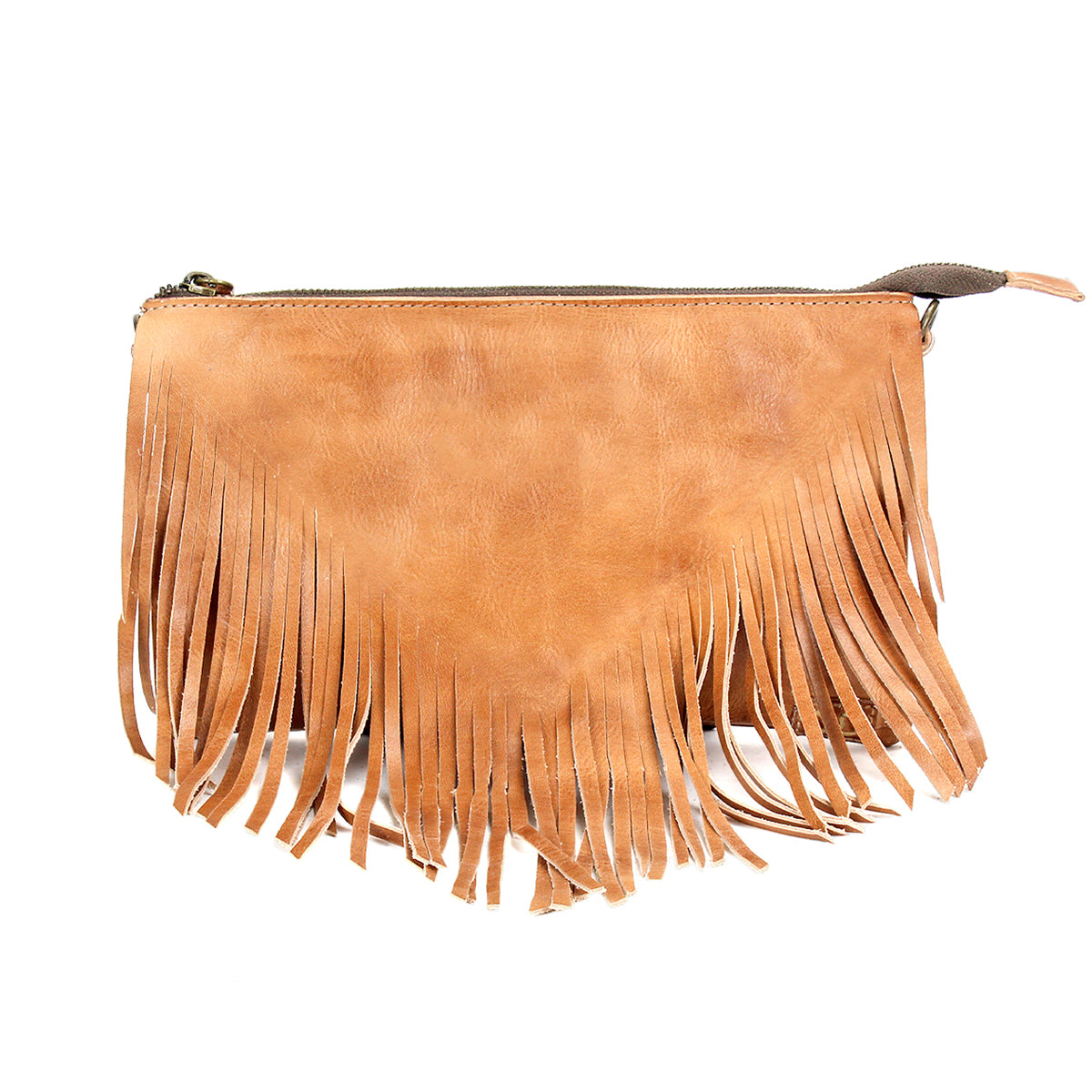 The Bed Stu Silverrock is a tan leather small clutch bag with zipper closure and decorative fringe along the bottom, perfect as a stylish crossbody accessory, shown on a white background.