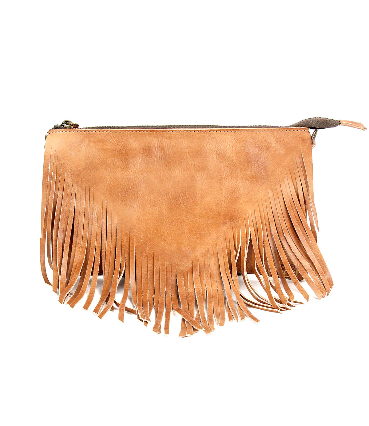 The Bed Stu Silverrock is a tan leather small clutch bag with zipper closure and decorative fringe along the bottom, perfect as a stylish crossbody accessory, shown on a white background.