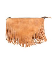 The Bed Stu Silverrock is a tan leather small clutch bag with zipper closure and decorative fringe along the bottom, perfect as a stylish crossbody accessory, shown on a white background.