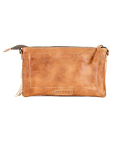 The Silverrock by Bed Stu is a small rectangular tan leather clutch with a zipper closure and a subtle Bed Stu logo plaque on the front.