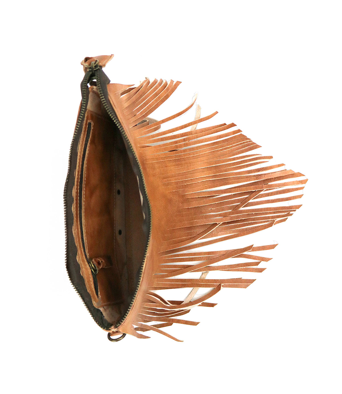 The Bed Stu Silverrock brown leather fringe crossbody bag is shown open from a top angle, displaying its interior pocket and zipper closure. This small clutch also doubles as a convertible fanny pack for versatile styling on any occasion.