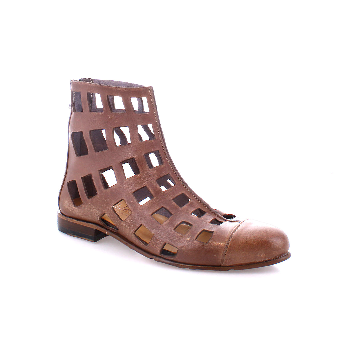 The Bed Stu Skyline, a versatile short boot, features a brown leather finish with an open grid design and a small heel, handcrafted in Italy.