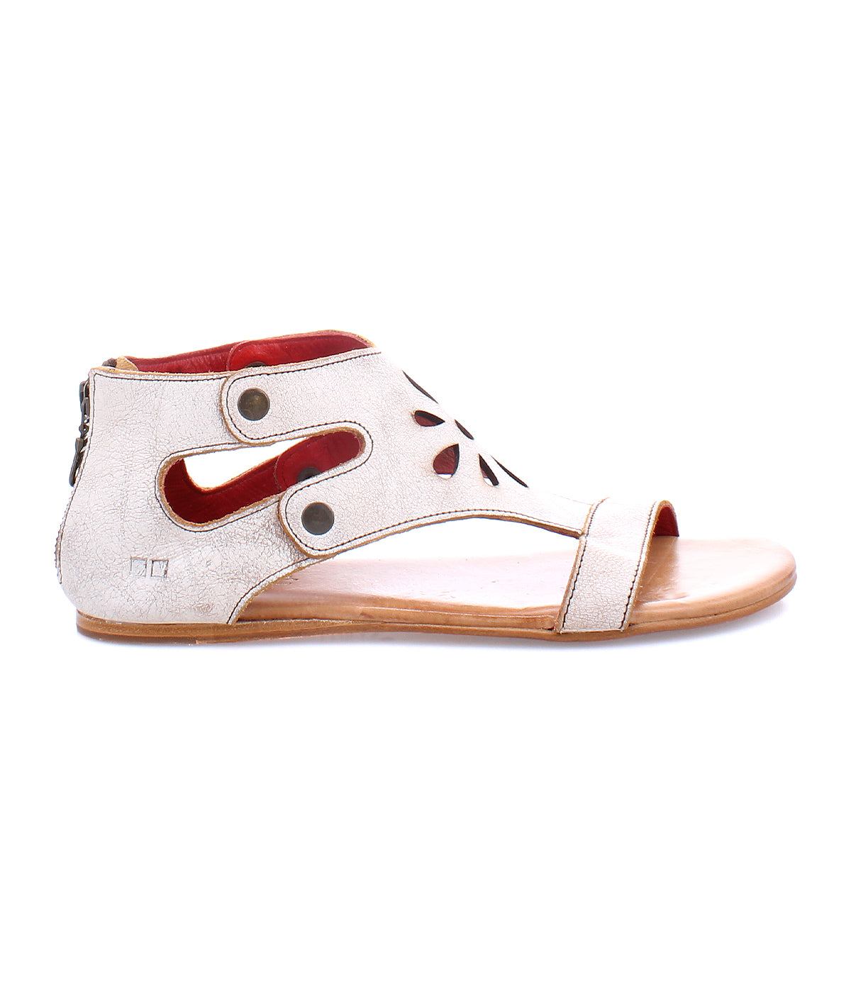 A white sandal for women with a cut out detail, featuring a flat leather design, the Soto CW by Bed Stu.