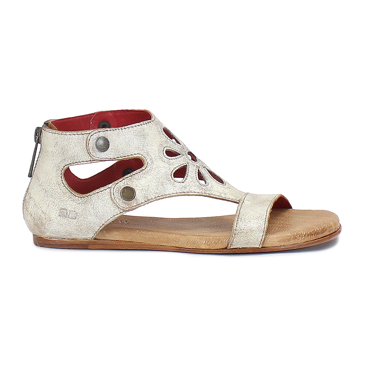 A single women's Bed Stu Soto Cutout sandal with cut-out patterns and a zipper closure, displayed against a white background.