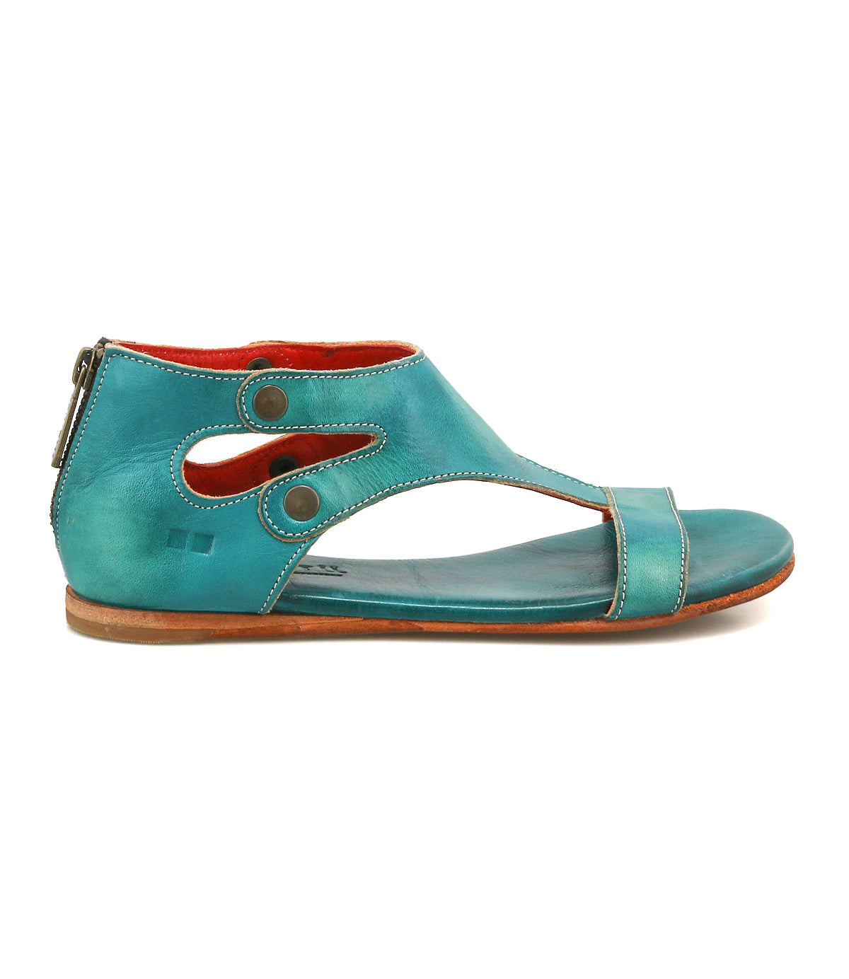 The Soto by Bed Stu features turquoise leather with open toe, ankle strap, side cutouts with snap buttons, cushioned footbed, back zipper, brown sole, and red interior lining—ideal for everyday exploring.
