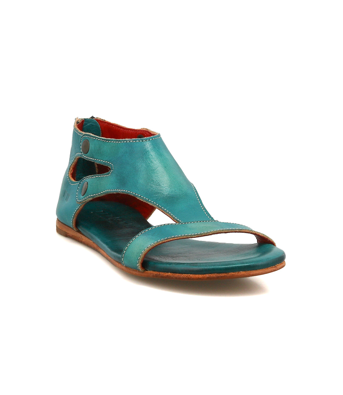 The Bed Stu Soto is a teal leather sandal with an open toe, ankle-high design, and side cutouts, featuring a cushioned footbed for all-day comfort. Displayed on a white background.