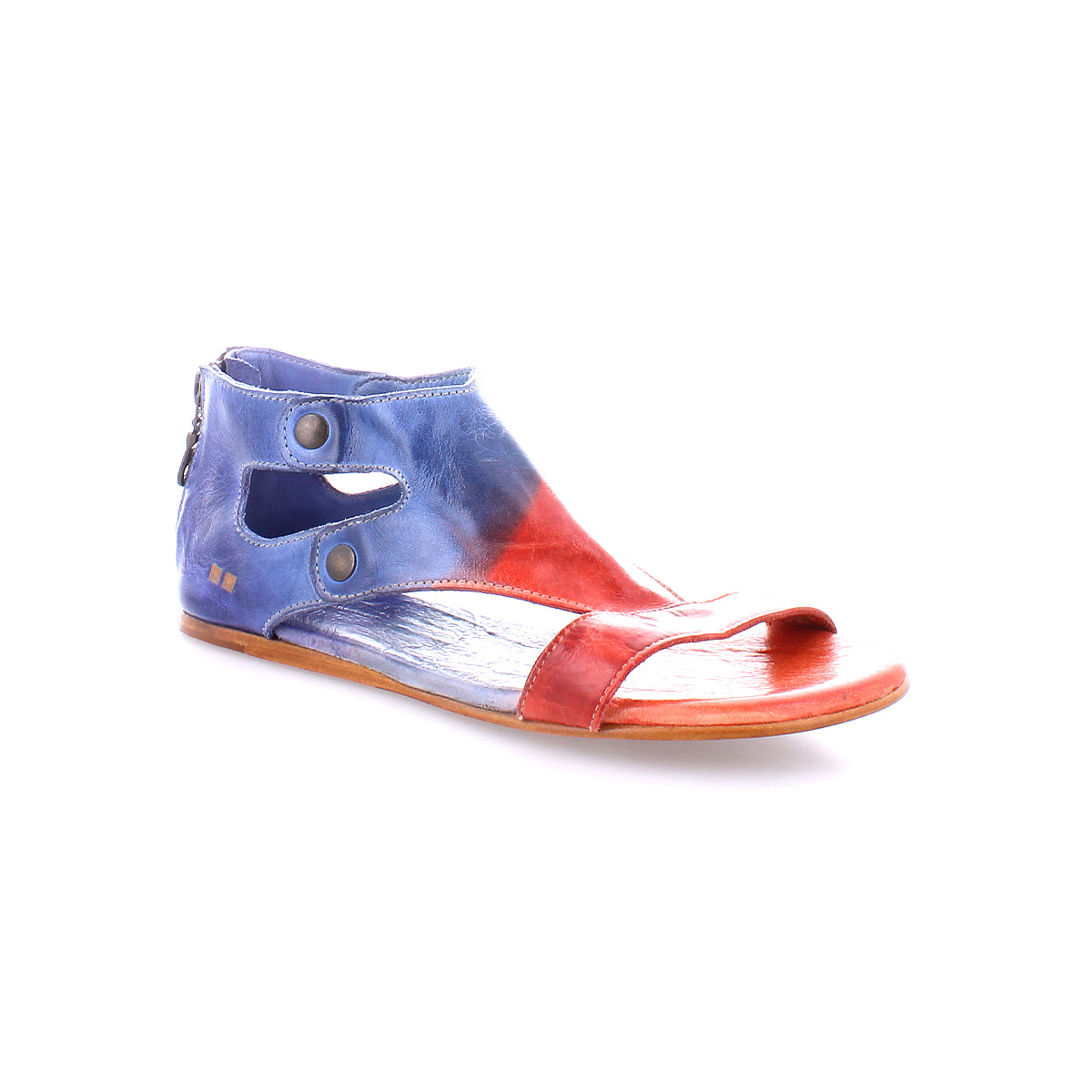 A colorful, red, white, and blue Bed Stu leather sandal with a peep toe design and ankle strap, isolated on a white background.