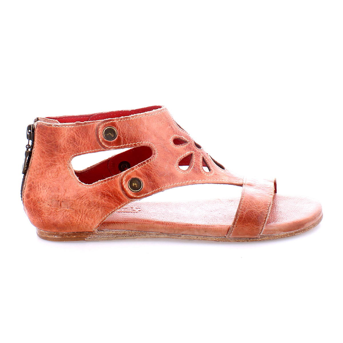 Brown leather Bed Stu Soto Cutout sandals with a zipper closure and a cushioned insole.