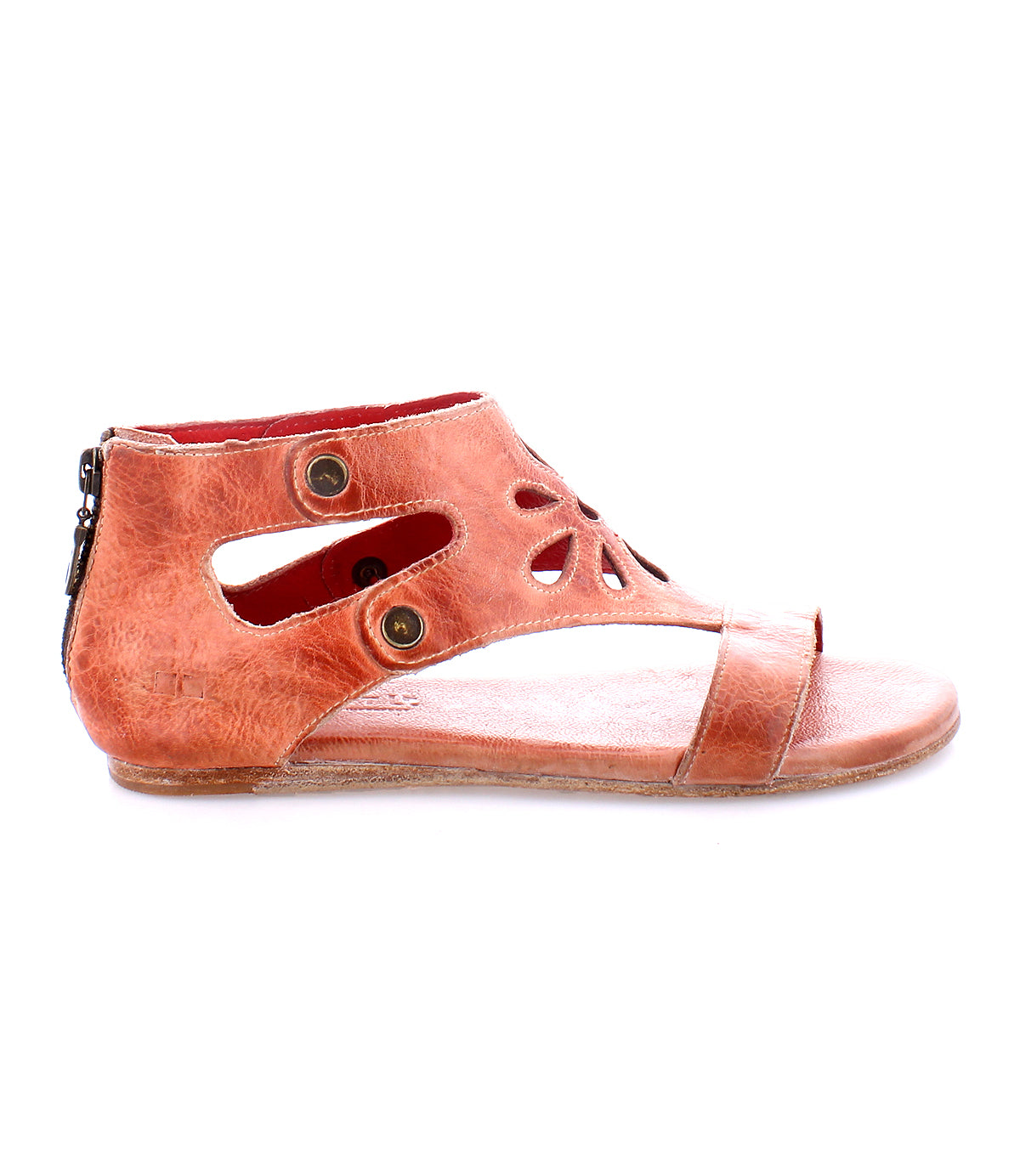 Brown leather Bed Stu Soto Cutout sandals with a zipper closure and a cushioned insole.