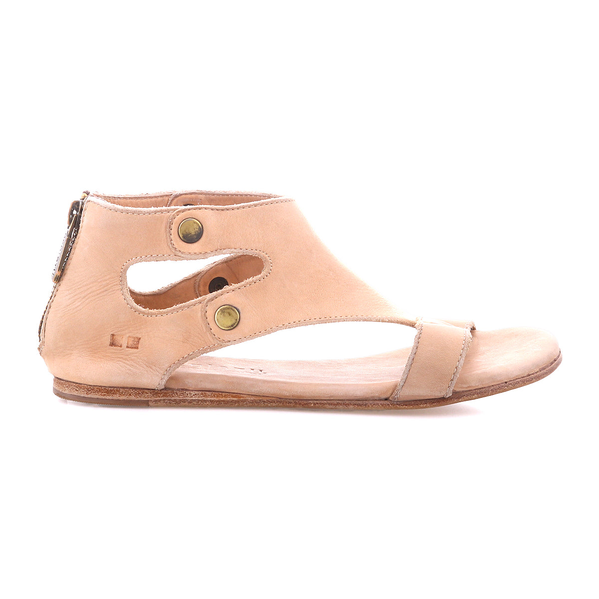 The Bed Stu Soto tan leather sandal features an ankle-high design, open side cutouts, brass snap buttons, cushioned footbed, back zipper, and flat sole for stylish comfort.