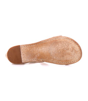 Bottom view of a single Bed Stu Soto sandal in tan leather, featuring a textured sole, cushioned footbed, and rubber heel grip. Shows signs of wear.