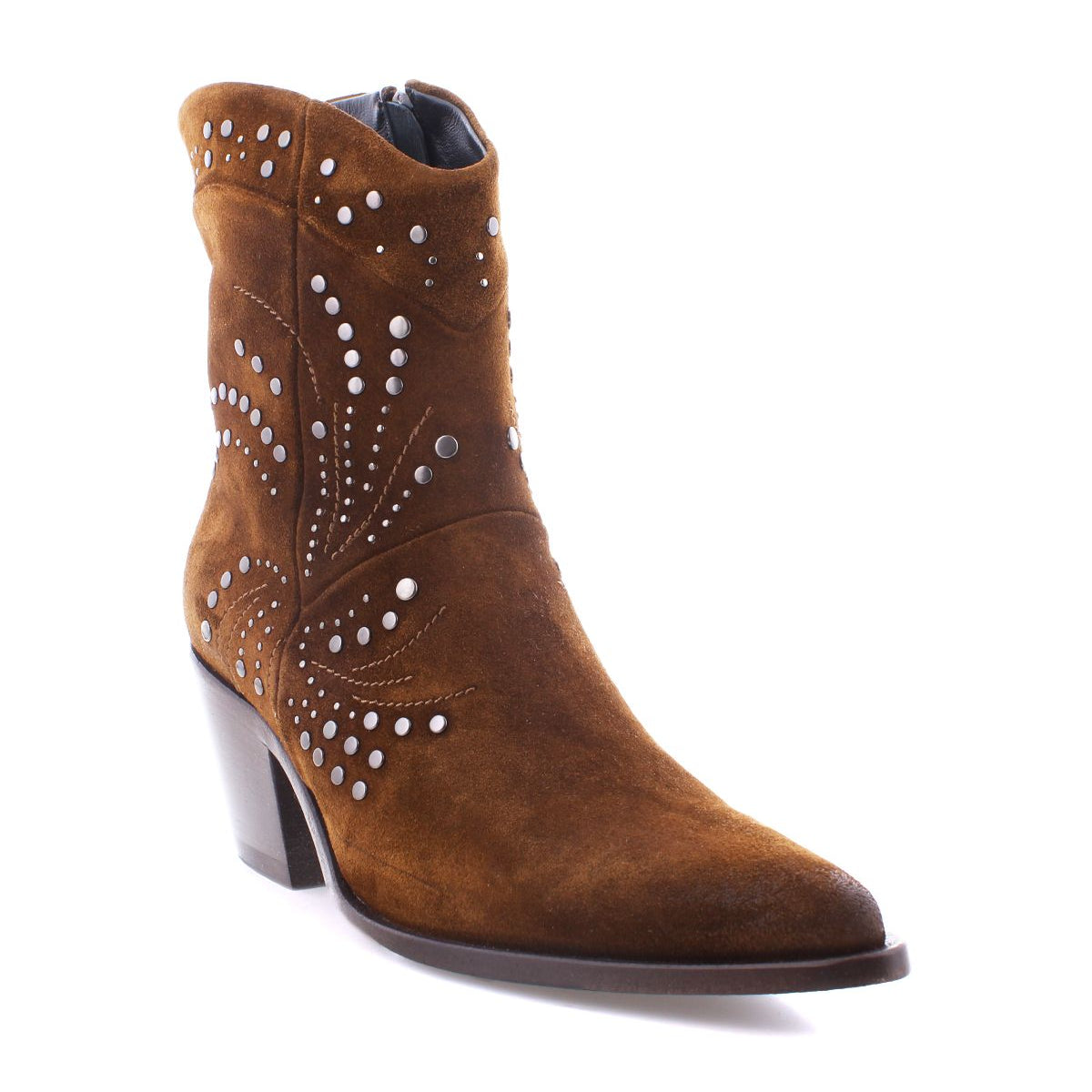 The Sposa by Bed Stu is a brown suede bootie adorned with decorative white studs, featuring a low heel and crafted from vegetable-tanned leather, complete with a side zipper.