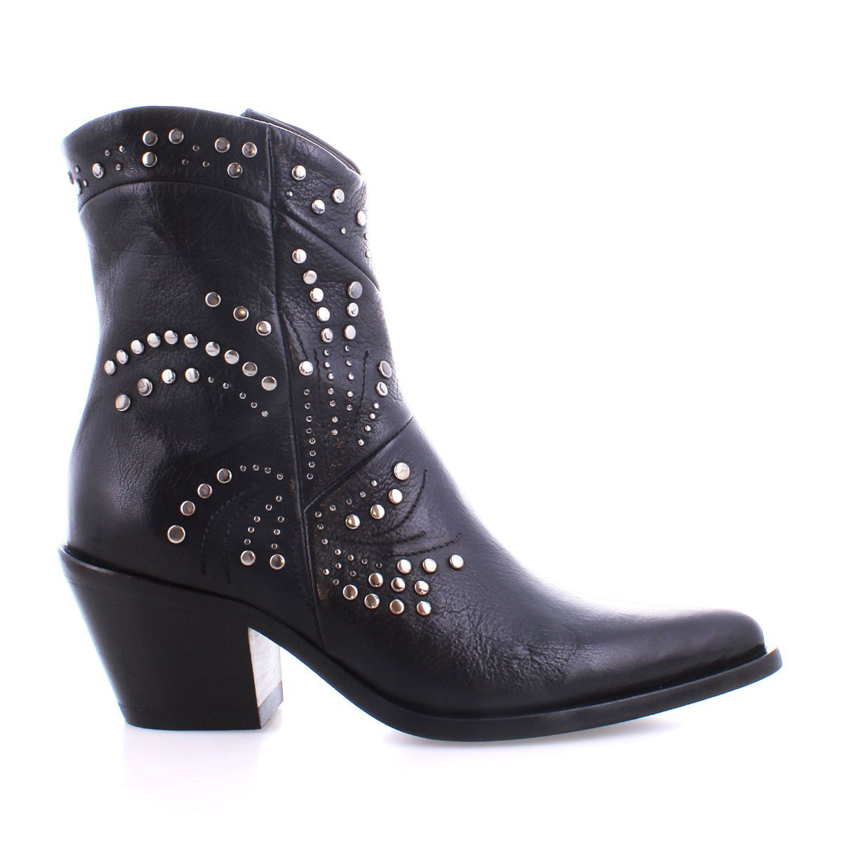 The Sposa ankle boot by Bed Stu features black vegetable-tanned leather with a chunky heel, adorned with decorative silver studs arranged in an elegant swirling pattern.