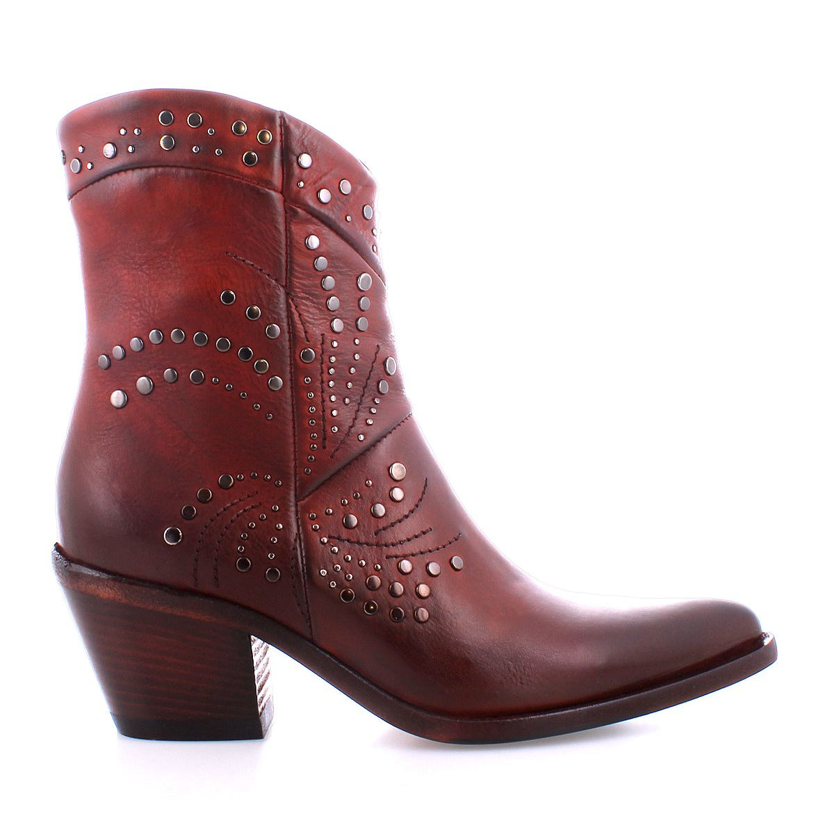 The Sposa by Bed Stu is a brown leather ankle bootie featuring decorative metal studs and a low heel, crafted from vegetable-tanned leather, shown from the side on a white background.