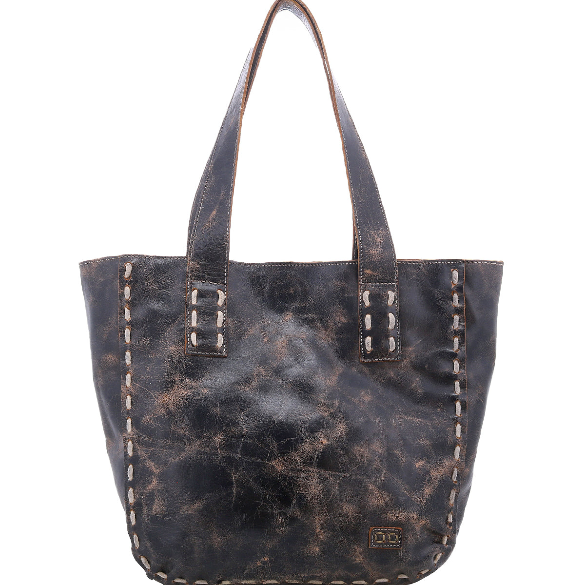 The Stevie by Bed Stu is a large distressed black leather tote with thick handles and edge stitching—ideal as an everyday carryall or a chic vintage-inspired handbag.