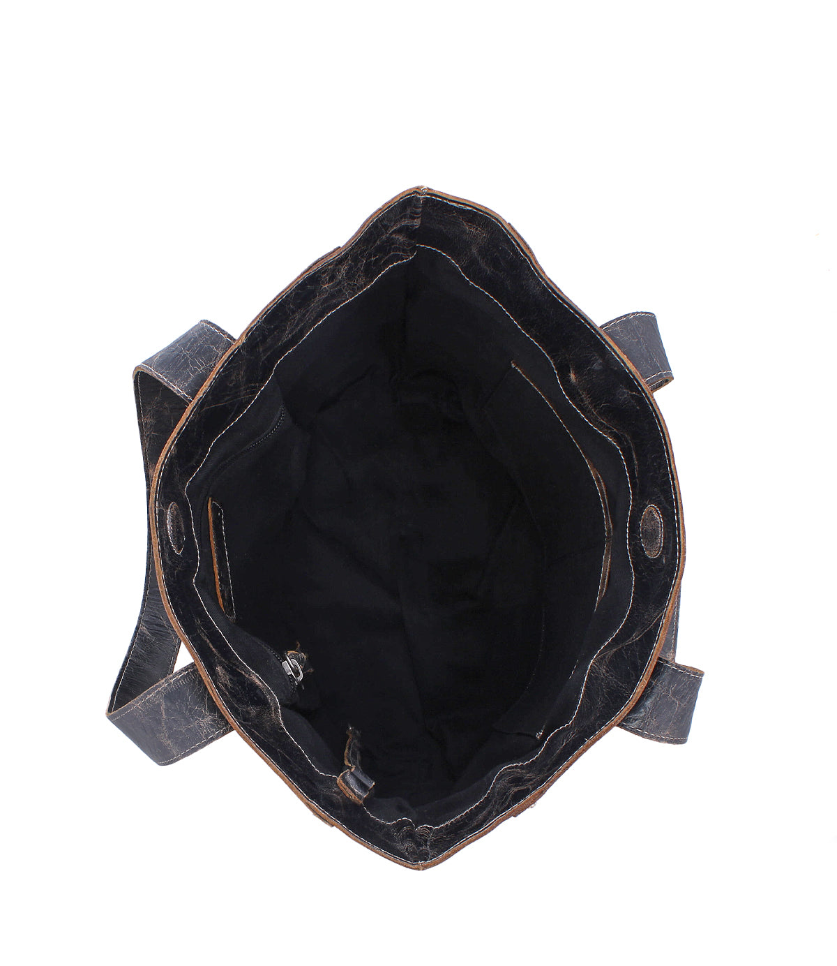 Top view of the empty, open Stevie leather tote by Bed Stu, ideal for everyday carry, with visible inner compartments and two shoulder straps.