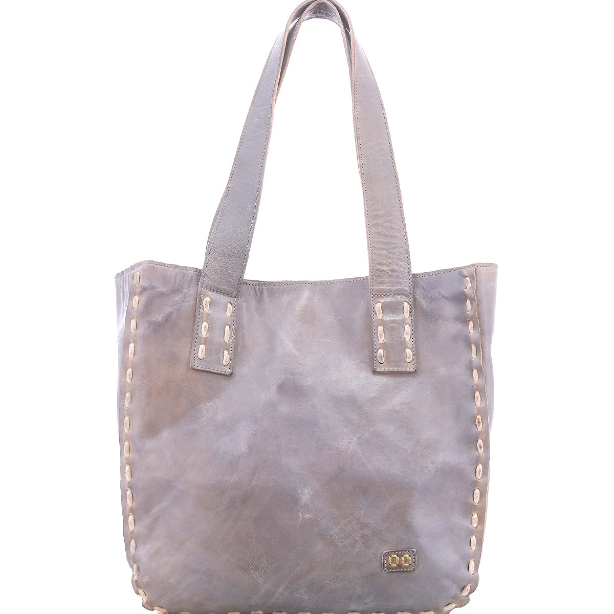 The Stevie tote by Bed Stu features gray leather, double handles, and visible edge stitching. Perfect for everyday use, it includes a small logo patch on the lower front.