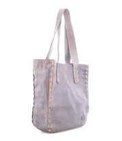 The Bed Stu Stevie is a gray vintage tote featuring wide handles and decorative stitching along the sides and edges, perfect for everyday use, shown on a white background.