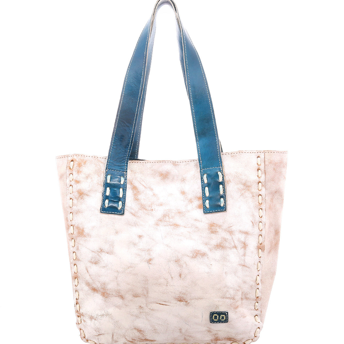 The Stevie by Bed Stu is a beige leather tote bag featuring visible stitching, blue leather handles, and a small rectangular metal logo on the lower front—ideal for everyday use.