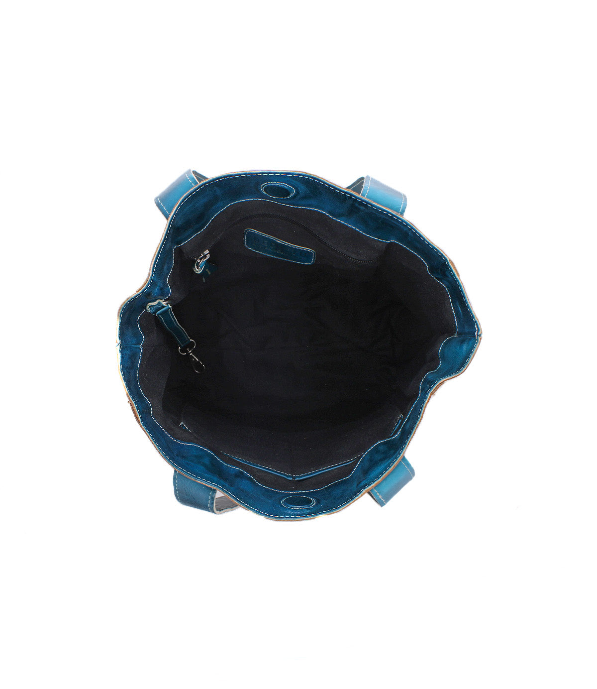 Top view of the Bed Stu Stevie tote in blue leather, featuring a spacious black interior, side pocket, and small clasp—ideal for carrying your everyday essentials.