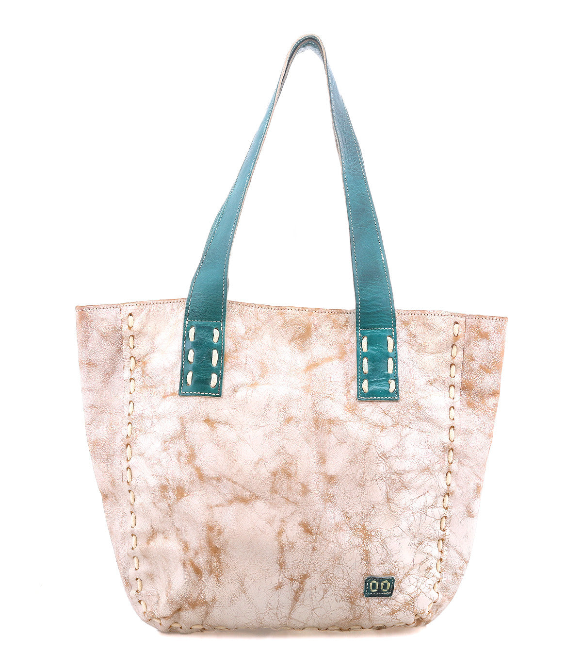 The Stevie tote by Bed Stu features light beige leather with a marbled brown pattern, teal handles, visible edge stitching, and a small rectangular logo patch on the lower front—perfect for everyday use.