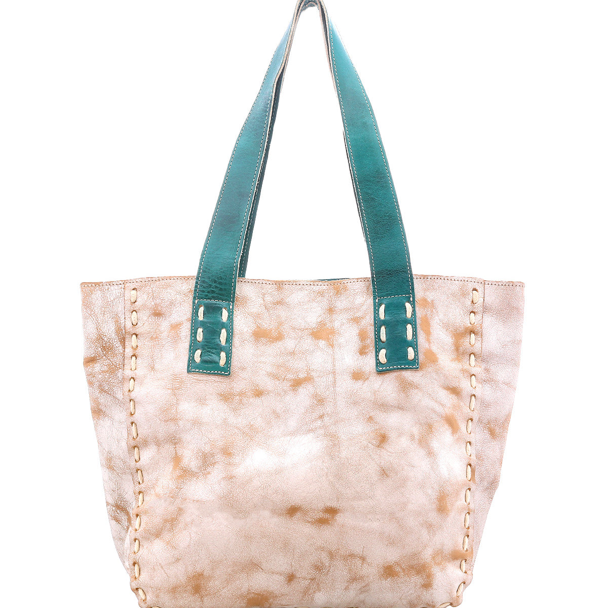 The Stevie by Bed Stu is a large vintage bag with a beige and white tie-dye pattern, tan side stitching, and wide teal handles—ideal for everyday use.
