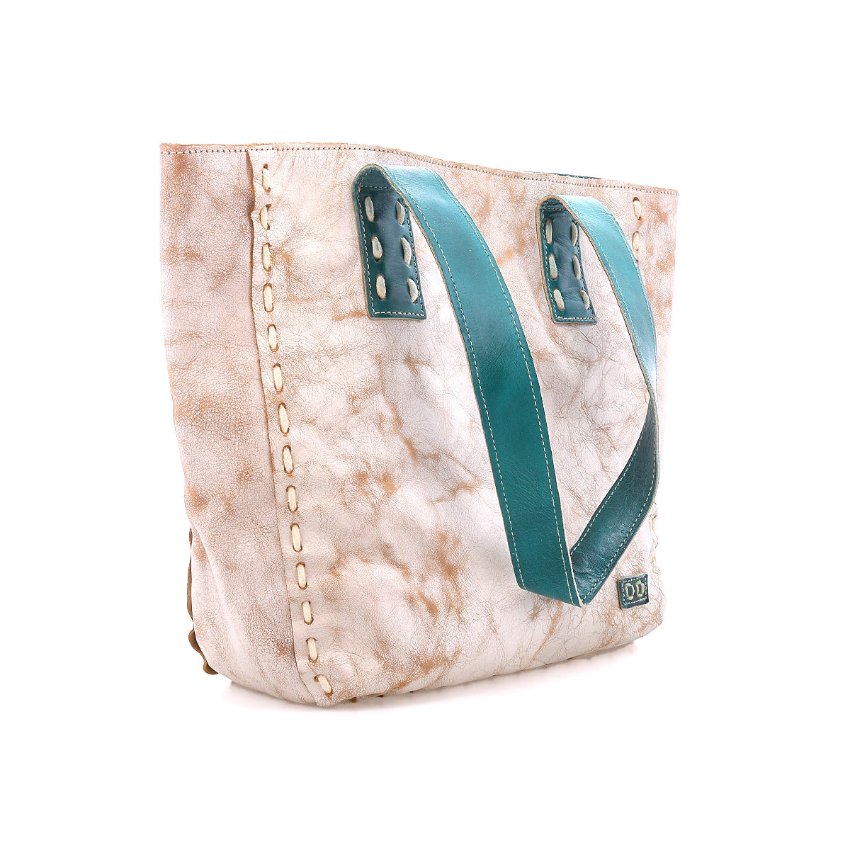 The Stevie by Bed Stu is a beige marbled leather tote with teal handles, visible stitching, and a small green patch—ideal for your everyday carry.