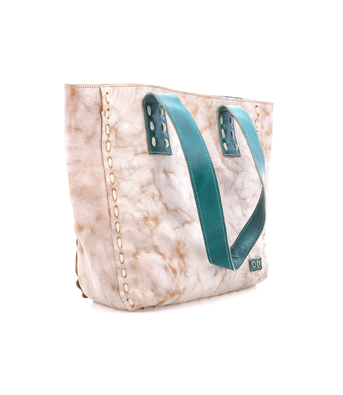 The Stevie by Bed Stu is a beige marbled leather tote with teal handles, visible stitching, and a small green patch—ideal for your everyday carry.