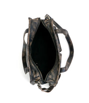 Top view of the Bed|Stü Stuffy bag in distressed leather, featuring a structured silhouette, visible zipper, dark spacious interior, and two handles against a white background.