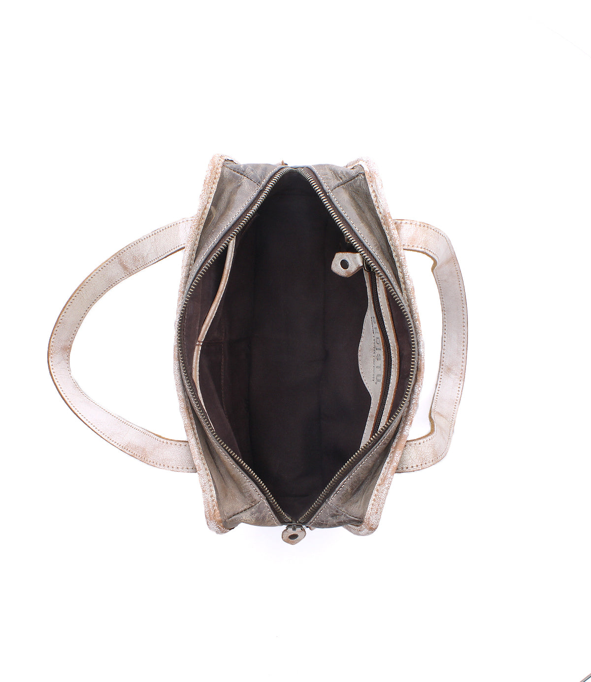Top view of the Bed|Stü Stuffy handbag in beige, featuring two handles, a spacious interior, and a zippered main compartment within a structured silhouette.