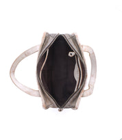 Top view of the Bed|Stü Stuffy handbag in beige, featuring two handles, a spacious interior, and a zippered main compartment within a structured silhouette.