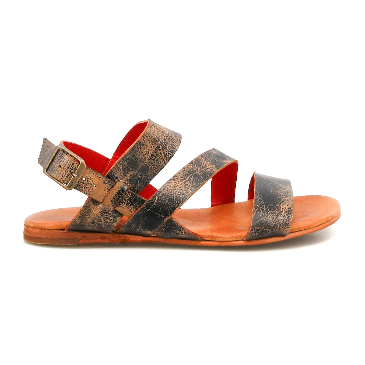 The Bed Stu Superb is a brown leather sandal with an adjustable ankle strap, flat sole, and buckle closure, ideal for everyday wear. It's shown from the side against a white background.