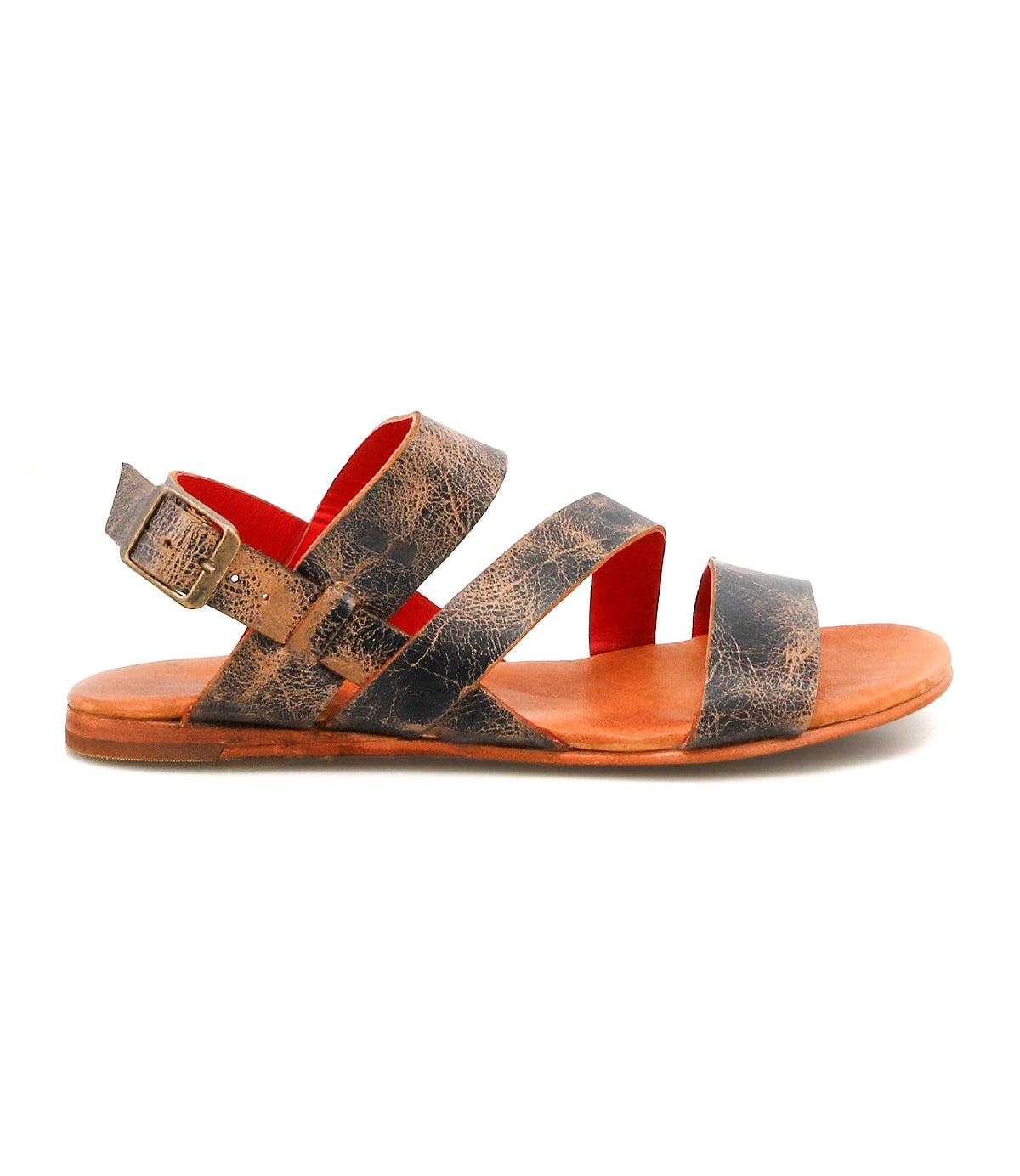 The Bed Stu Superb is a brown leather sandal with an adjustable ankle strap, flat sole, and buckle closure, ideal for everyday wear. It's shown from the side against a white background.