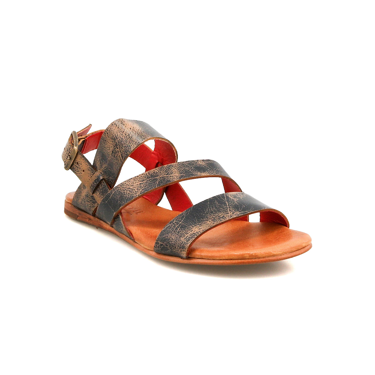 The Bed Stu Superb is a brown leather sandal with three wide straps, an adjustable ankle strap with side buckle, and a flat sole—ideal for everyday wear. Displayed on a white background.