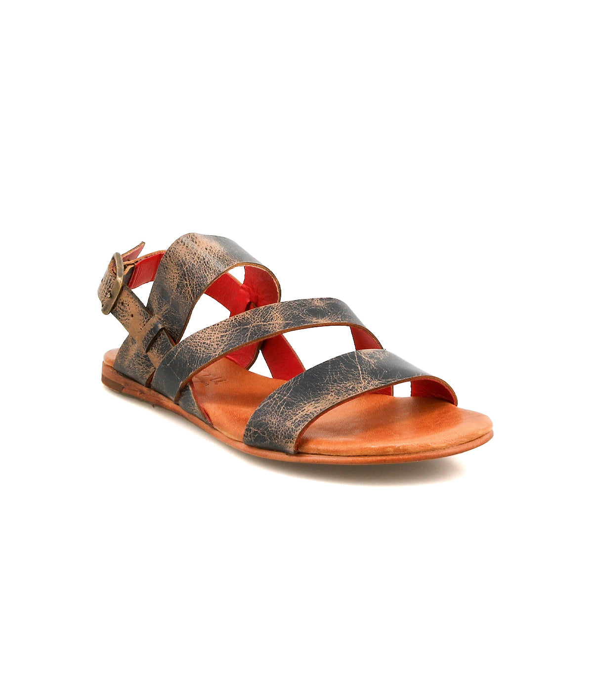 The Bed Stu Superb is a brown leather sandal with three wide straps, an adjustable ankle strap with side buckle, and a flat sole—ideal for everyday wear. Displayed on a white background.
