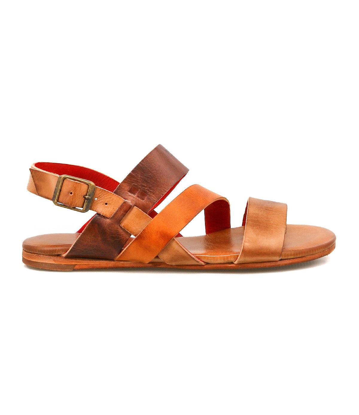 The Bed Stu Superb sandal is shown in side profile, featuring brown leather, an open toe, adjustable ankle strap, and flat sole—ideal for comfortable everyday wear.