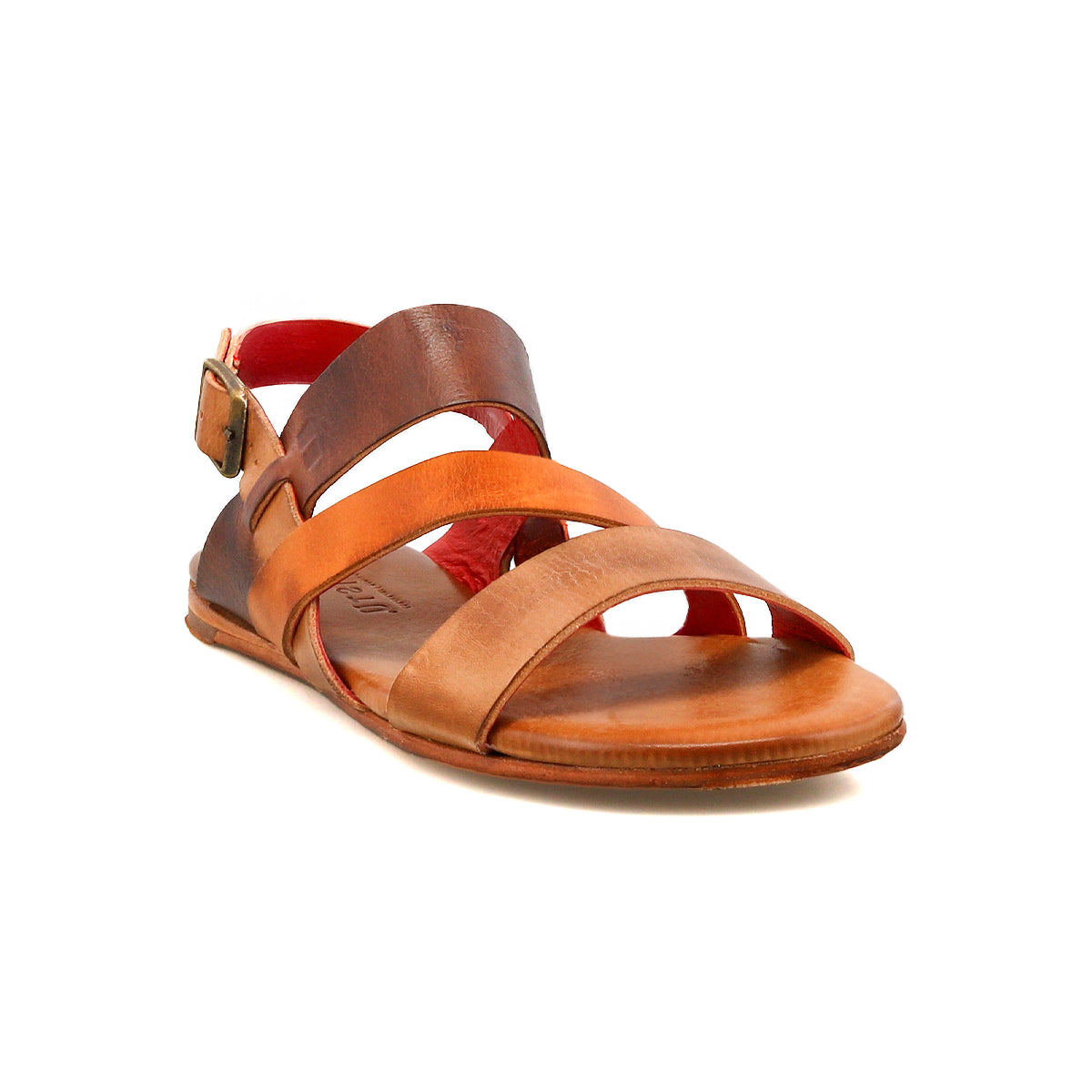 The Bed Stu Superb sandal features brown leather, multiple crisscross straps, an open toe, a flat sole, and an adjustable ankle strap with metal buckle—ideal for daily use and shown on a white background.