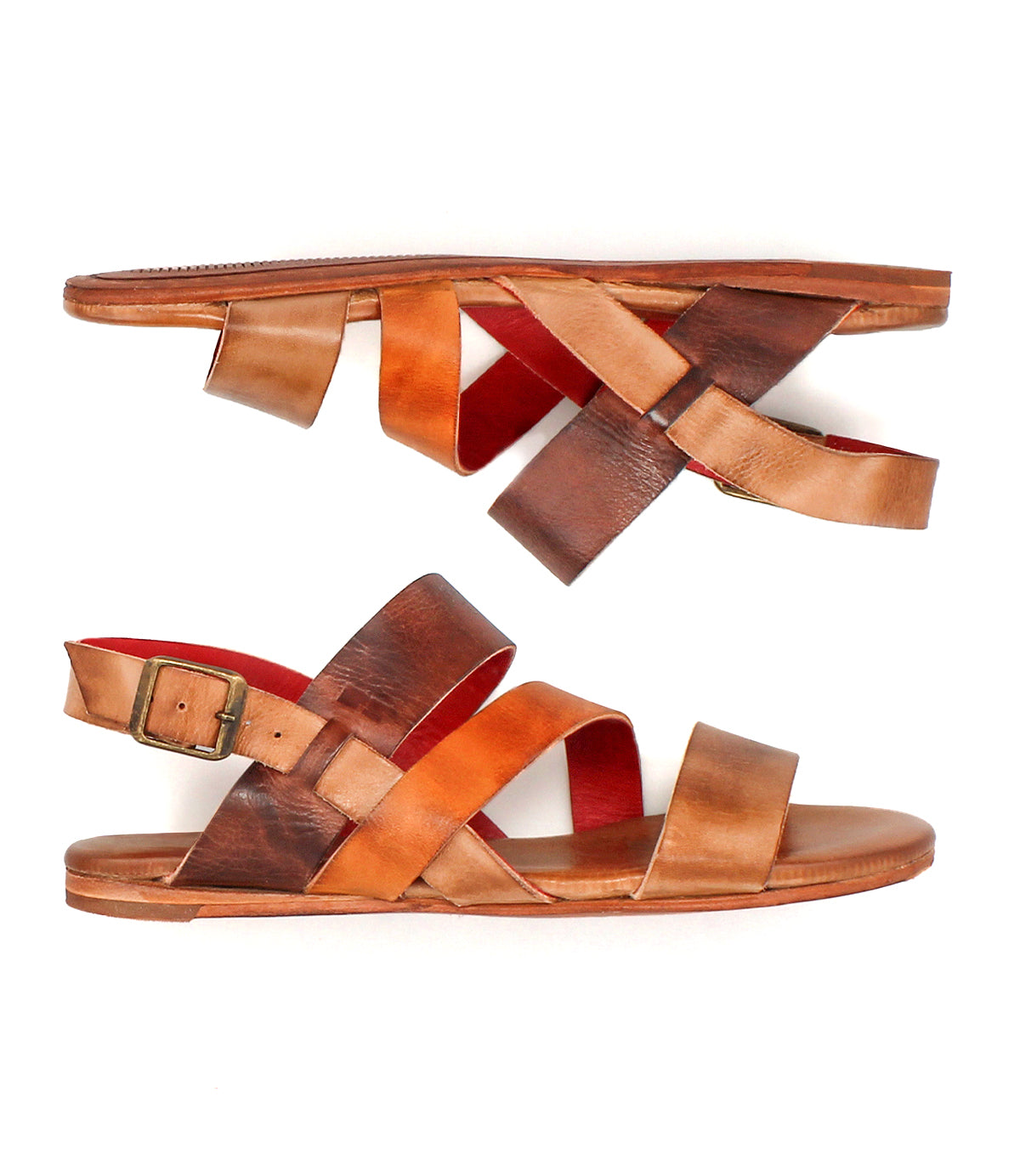 Bed Stu's Superb sandals—brown leather with crisscross straps, adjustable ankle strap, flat sole, and buckle closure—are displayed side by side on a white background, ideal for everyday wear.