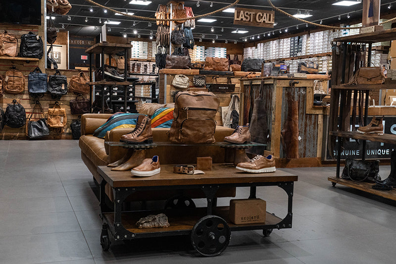 leather shoes and handbags displayed in store