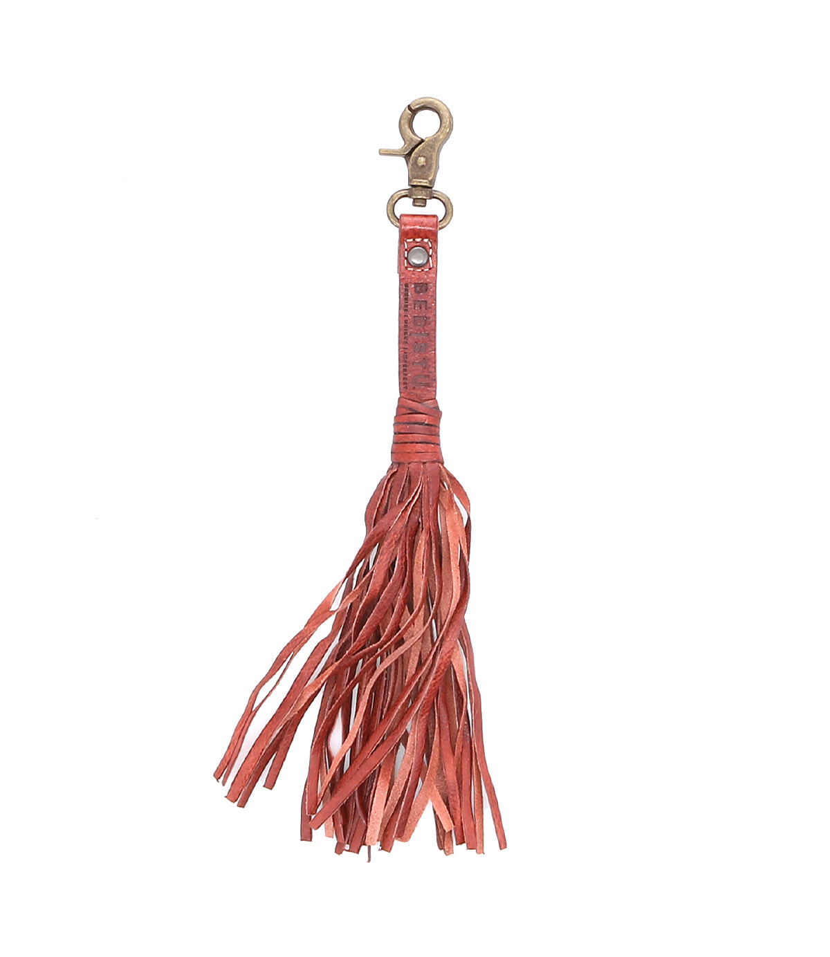 An accessory that combines personal expression and functionality, this red leather key ring features tassels and acts as a fashionable Bed Stu Tassel Clip.