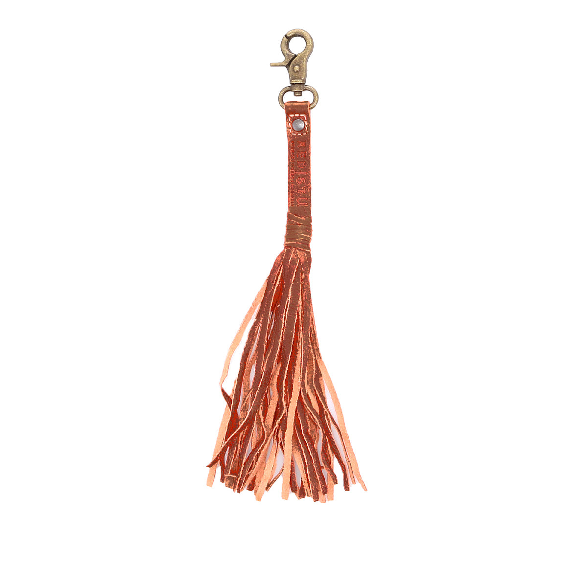 The Tassel Clip by Bed Stu is a premium leather keychain in orange with a bronze lobster clasp, adding a touch of personal expression.