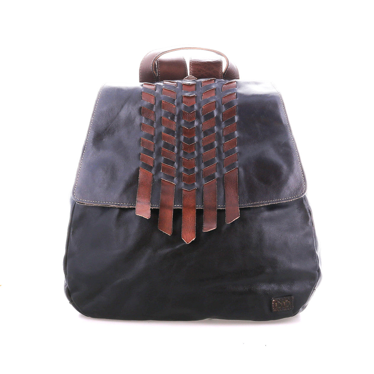 The Bed Stu Teji is a black leather statement backpack with a flap featuring brown leather woven detailing, shown against a white background.