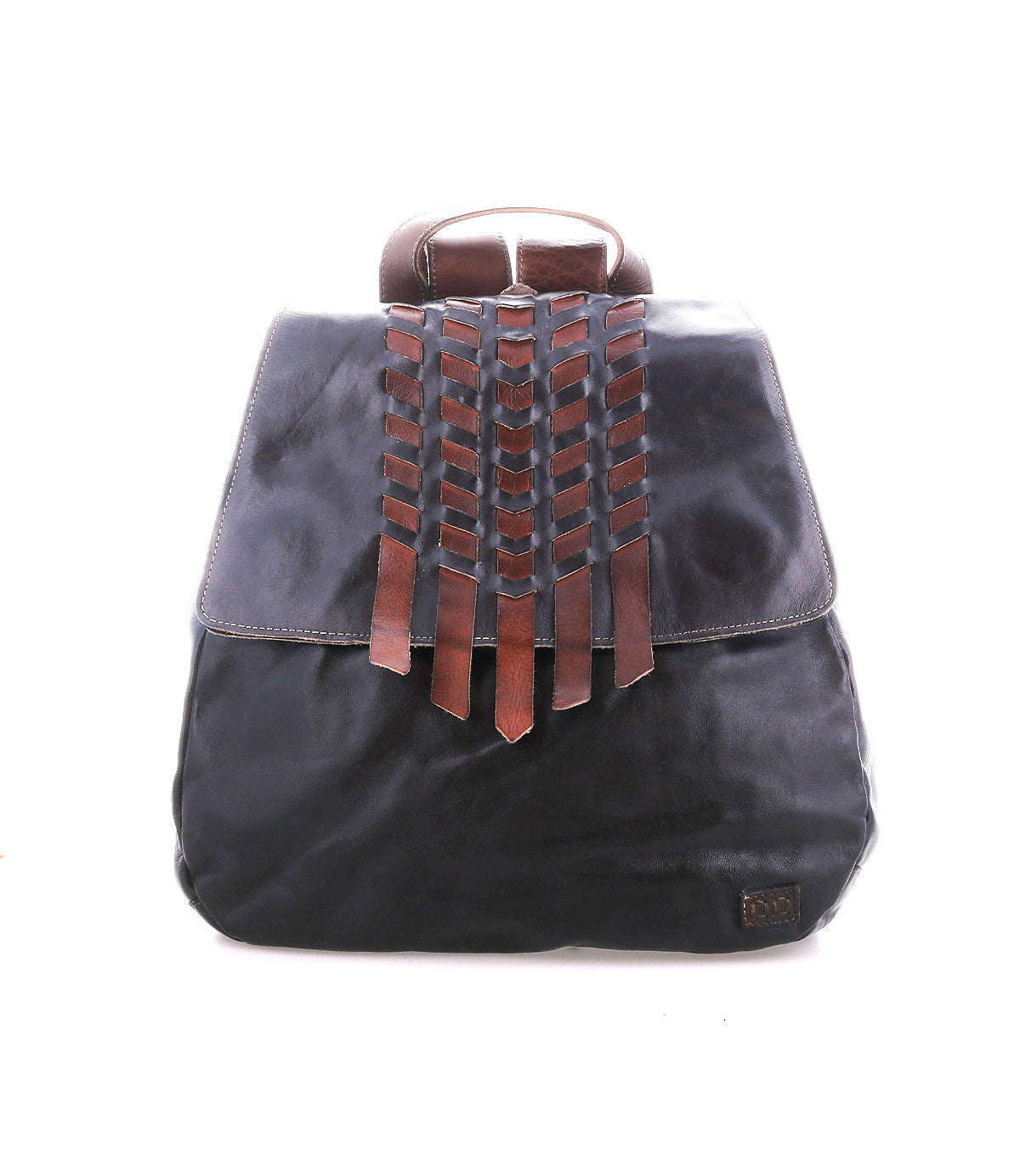 The Bed Stu Teji is a black leather statement backpack with a flap featuring brown leather woven detailing, shown against a white background.
