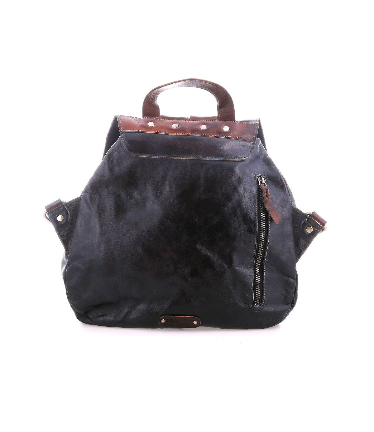 The Bed Stu Teji is a black leather statement backpack with brown accents, featuring a front zipper pocket, top handle, and adjustable side straps, shown against a white background.