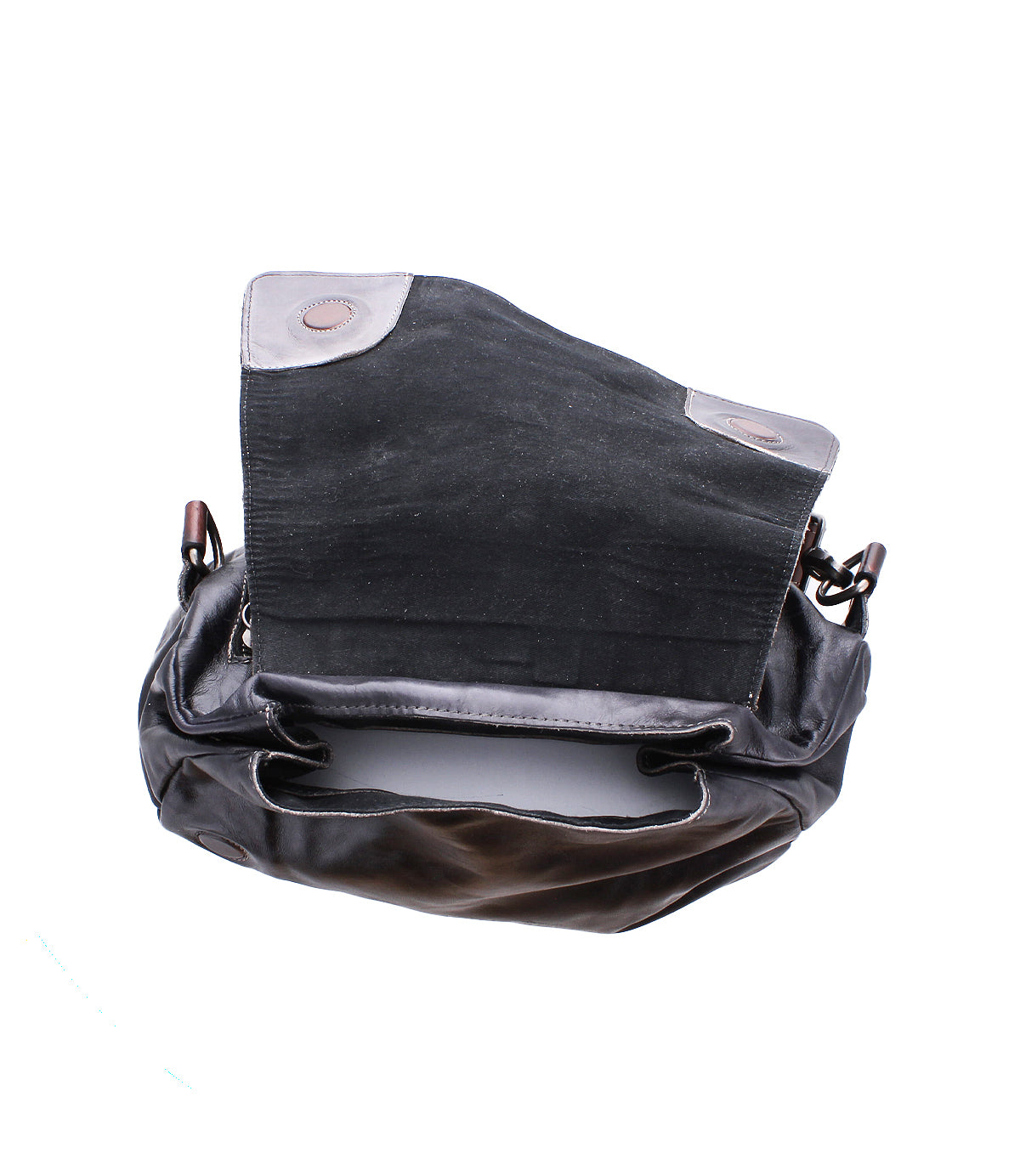 The Bed Stu Teji is a brown leather shoulder bag featuring a flap design, visible interior compartment, and magnetic snap closures—a versatile statement piece for any backpack lover.