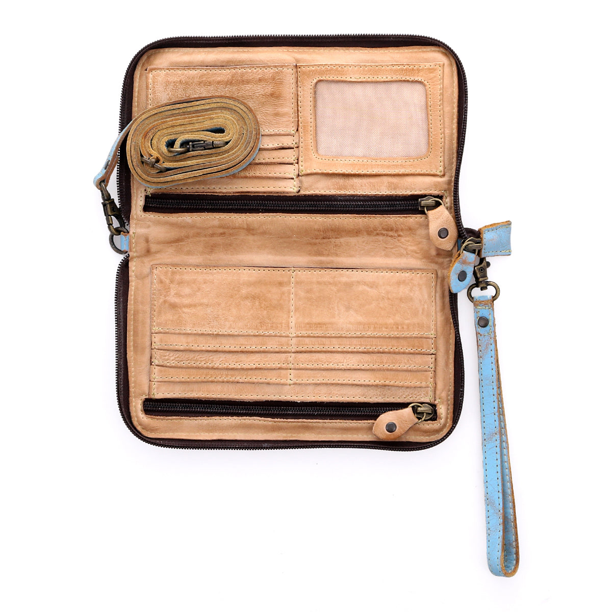 A brown leather Templeton II wallet with a strap by Bed Stu.