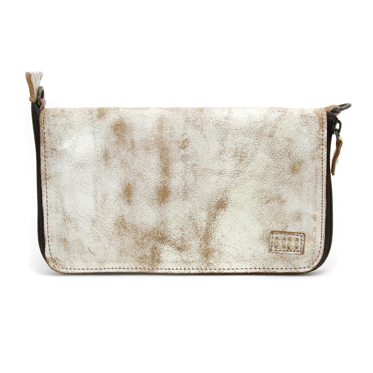 A white and brown Bed Stu Templeton II leather wallet on a white background.