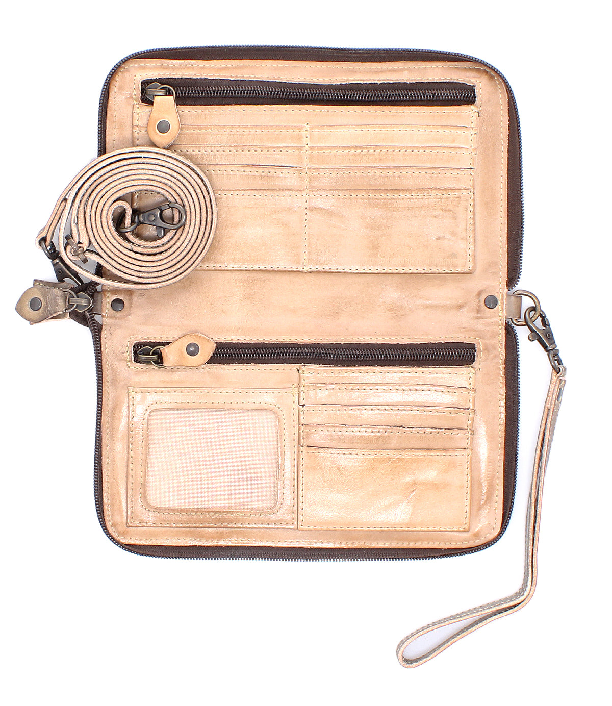 The Bed Stu Templeton II is an open tan vegetable-tanned leather wallet featuring multiple card slots, two zippered compartments, a transparent ID window, and a detachable strap coiled beside it.