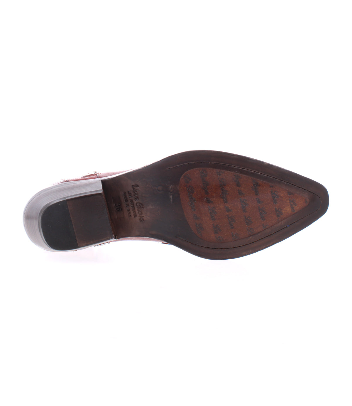 Bottom view of the Bed Stu Tentativa, a pointed leather dress shoe featuring artisan detail on the dark brown sole with visible stitching and slight wear near the toe.