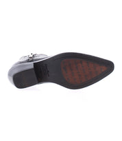 Bottom view of the Bed Stu Tentativa black dress shoe with a pointed toe, handcrafted and featuring a rubber heel, textured sole, and visible Bed Stu branding.